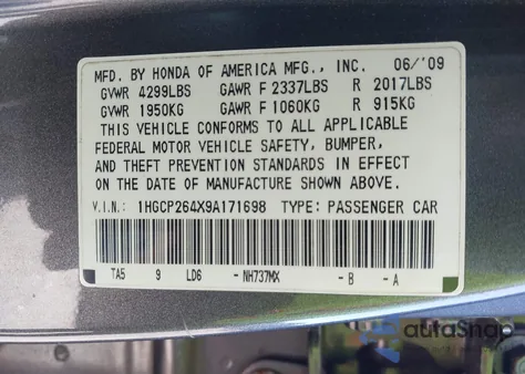 2009 Honda Accord 2.4 Lx-P from USA, damaged, VIN 1HGCP264X9A171698